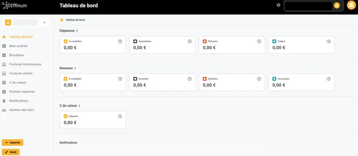 Tableau de bord d’Effinum, affiché une fois le consentement validé